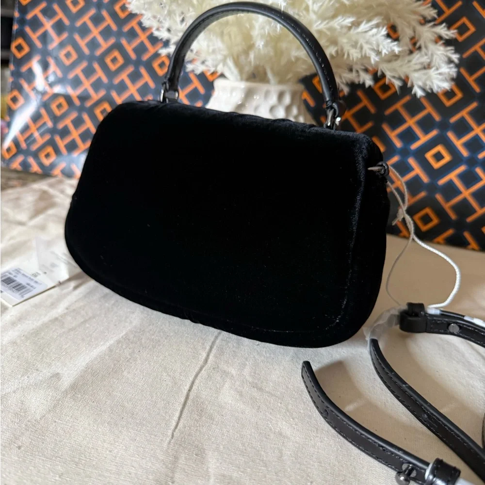 NWT , TORY BURCH BRITTEN VELVET PUFFY MINI TOP HANDLE BLACK